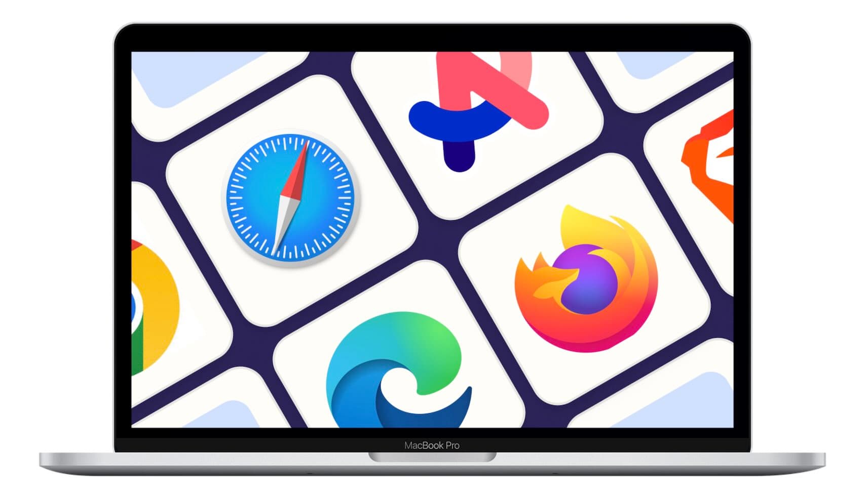 Laptop screen displaying a grid of web browser logos including Safari, Firefox, Edge, and Chrome