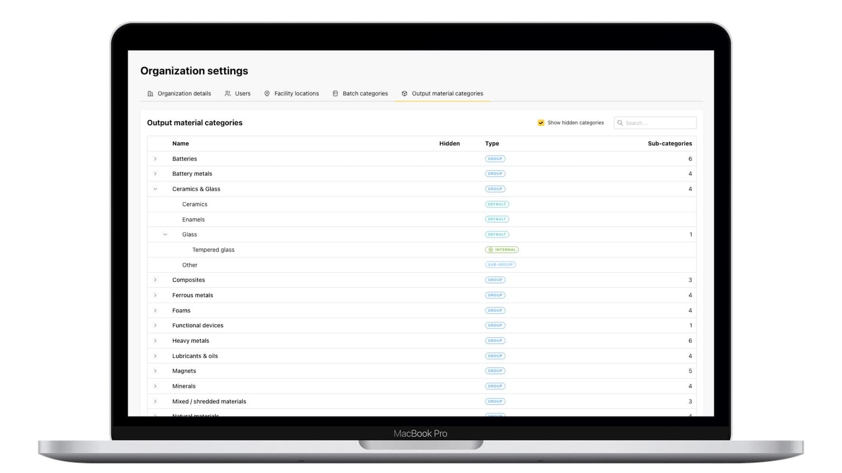 Organization settings page on a laptop screen showing a configurable list of output material categories