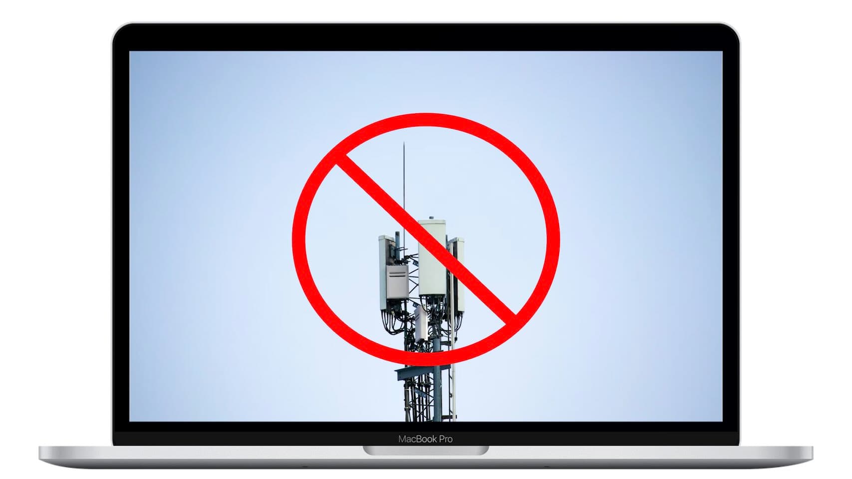 Laptop screen displaying a telecommunications tower crossed out with a large red prohibition symbol depicting the software's capability to operate offline