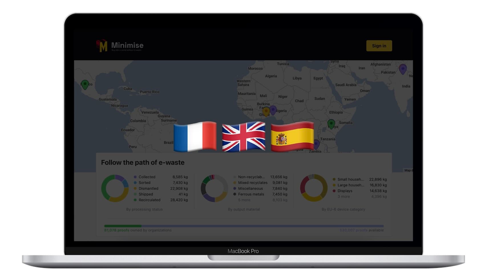 Minimise platform dashboard on a laptop screen with French, British, and Spanish flags overlaid on the map, depicting the supported user interface languages