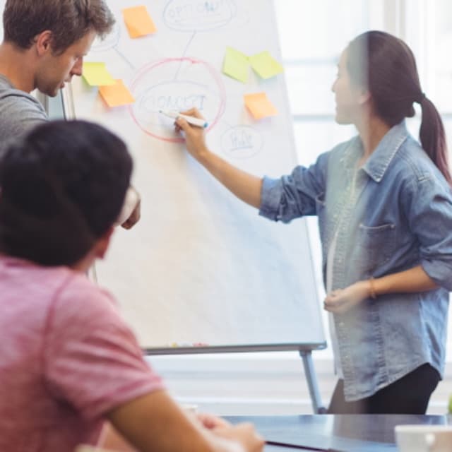 A meeting room scene with a casually dressed team of six young people discussing and drawing on a whiteboard