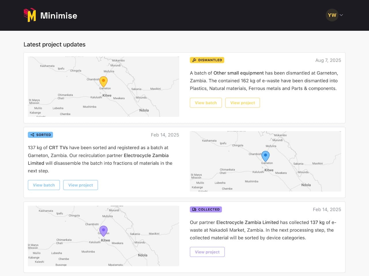 A screenshot of the Minimise web app homepage, showing recent project updates for collected, sorted, and dismantled e-waste with locations, dates, and material details