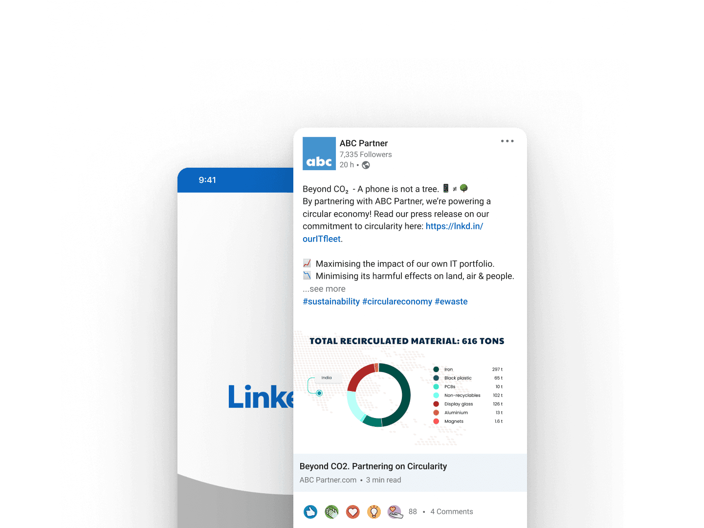 Two smartphone screens layered on top off each other: The one in the back shows the LinkedIn logo, the front one shows a LinkedIn post for "ABC Systems" about collected material, including a donut chart