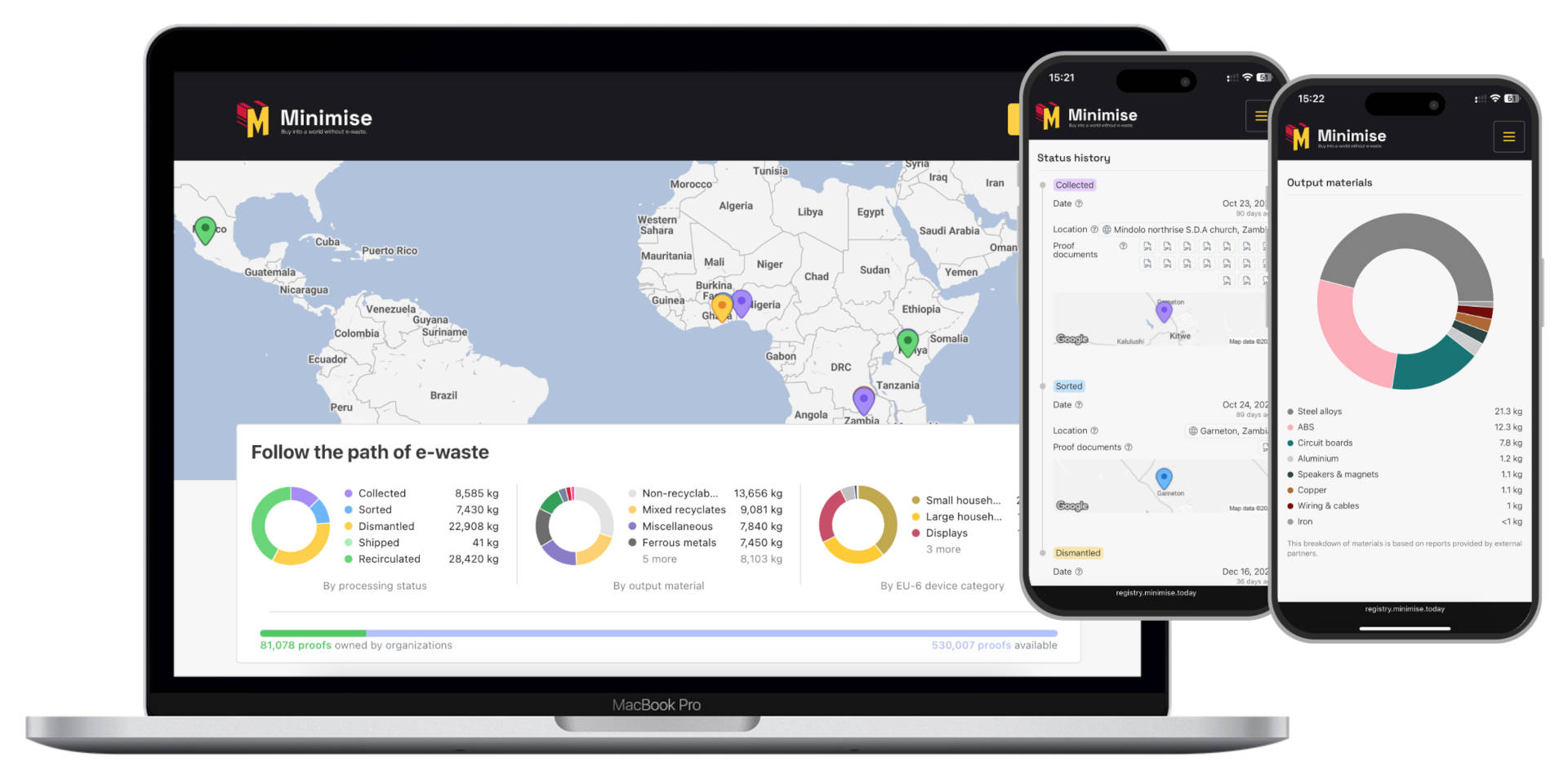 Laptop and two smartphones displaying the dashboard of the Minimise e-waste tracking platform with maps and data charts