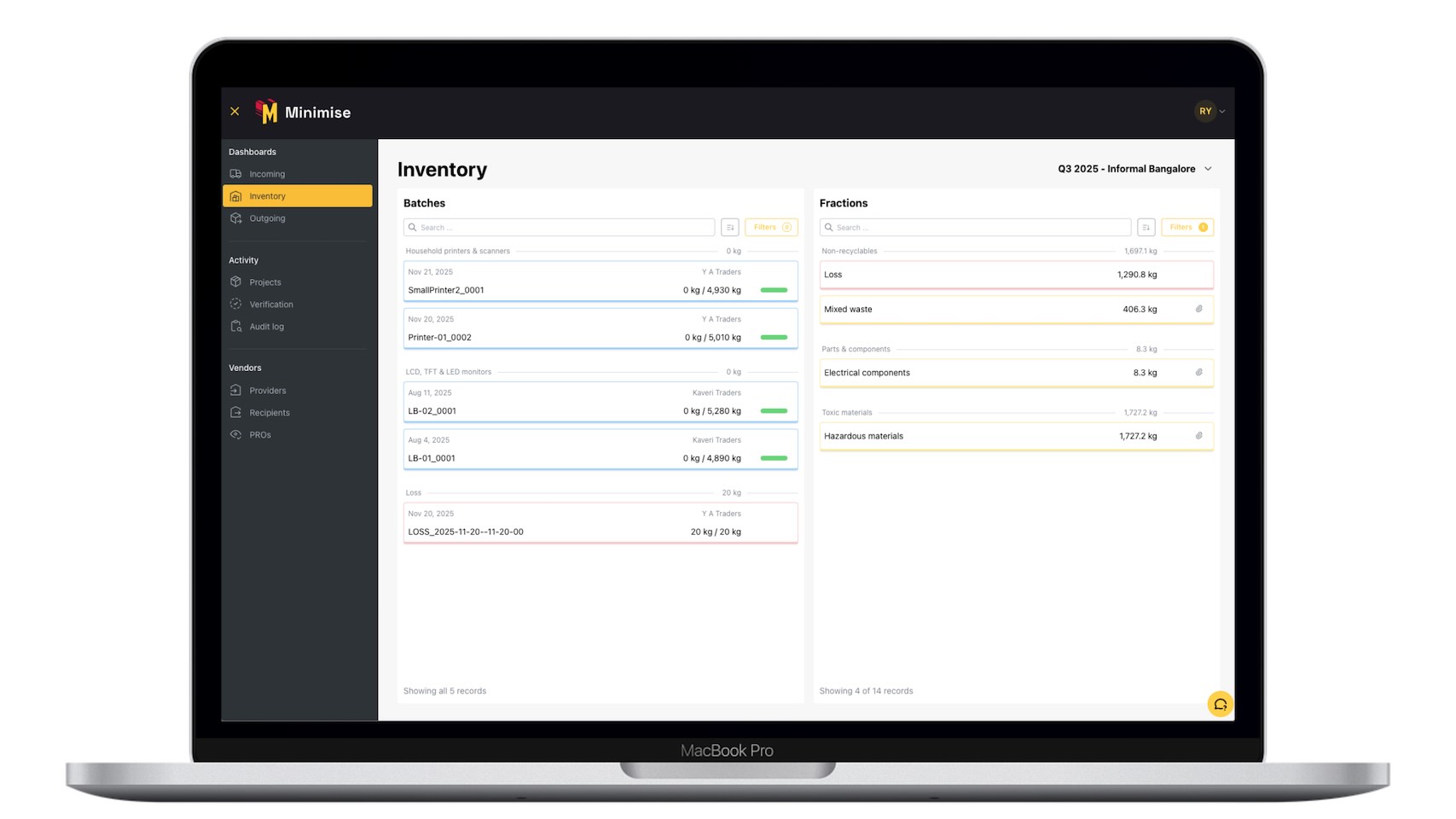 Laptop screen showing the inventory management interface of the Minimise platform with lists of batches and material fractions