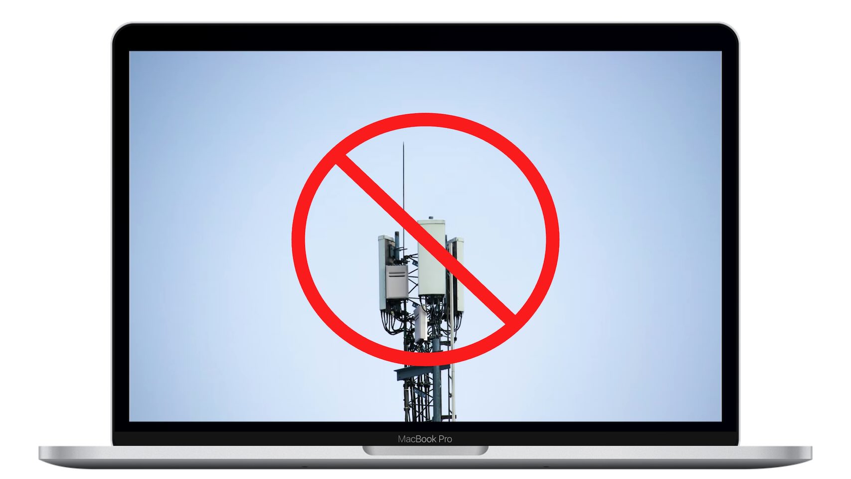 Laptop screen displaying a telecommunications tower crossed out with a large red prohibition symbol