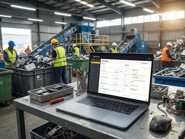 A notebook on a table inside a e-waste recycling facility. The notebooks is opened and the display shows the Minimise ERP software