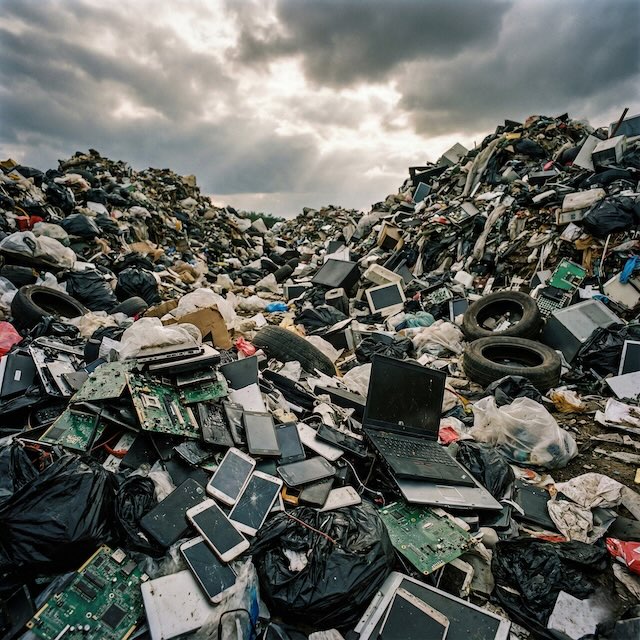 A landfill showing e-waste such as broken smartphones and laptops among other waste like tires and garbage bags