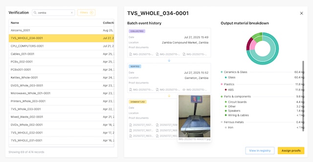 A screenshot of the Minimise web app showing a detailed view of dismantled TVs, with charts, a photo, and an event history